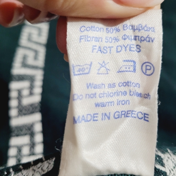 Vintage Giras Woven Embroidered UNISEX Green Pullover Greek Lounge Shirt Size L - Picture 10 of 10